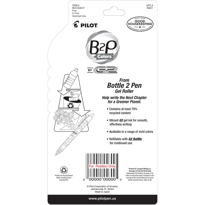 PILOT B2P Colors - Bottle to Pen Refillable & Retractable Rolling Ball Gel Pen Made From Recycled Bottles, Fine Point, Assorted Color G2 Inks, 5-Pack (36621) - Image 2